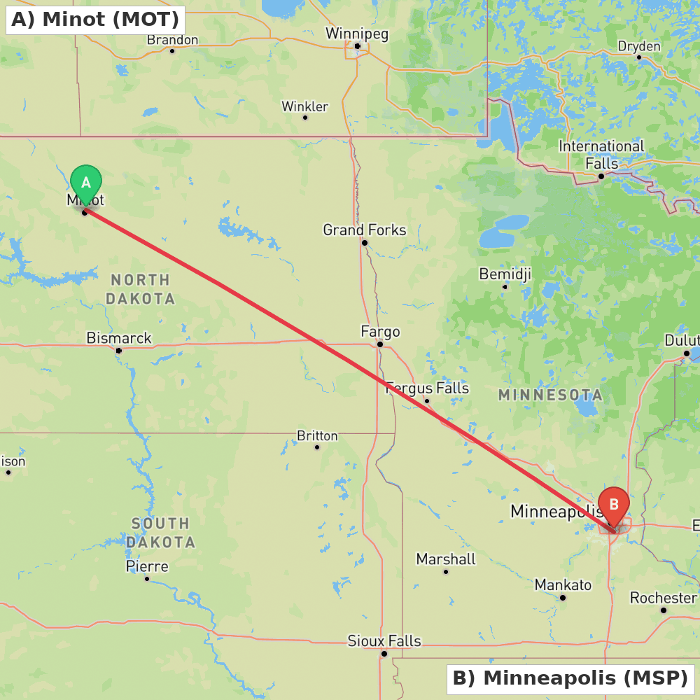 Flight route map from Minot to Minneapolis