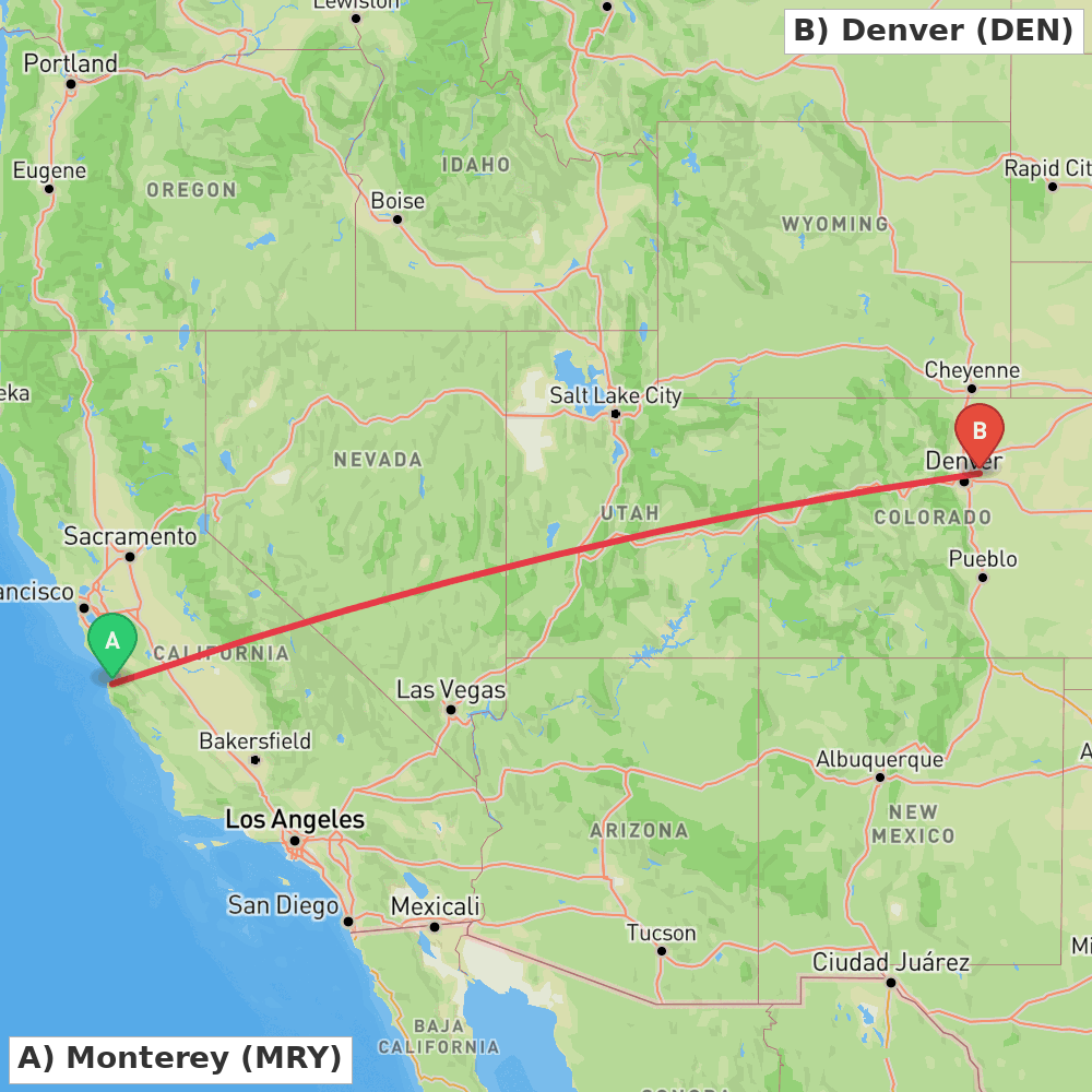 Flight route map from Monterey to Denver
