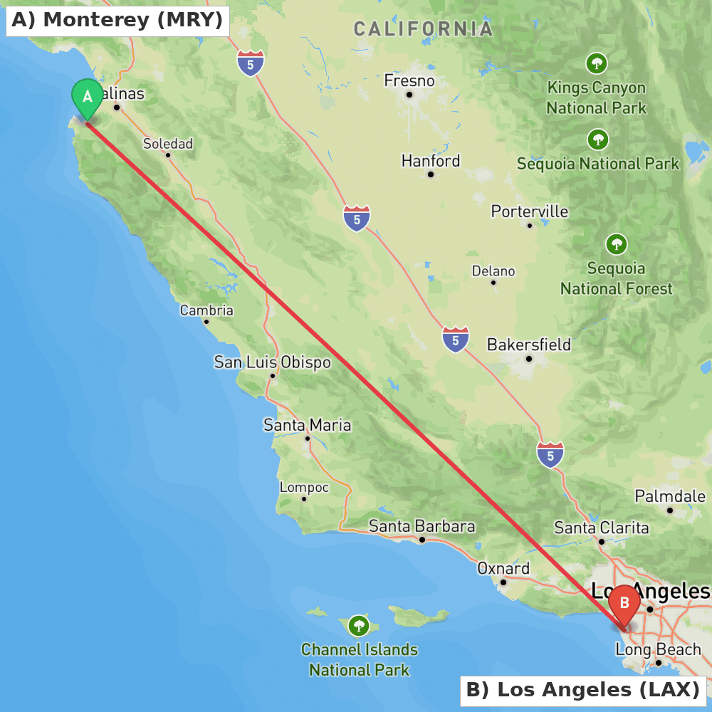Flight route map from Monterey to Los Angeles