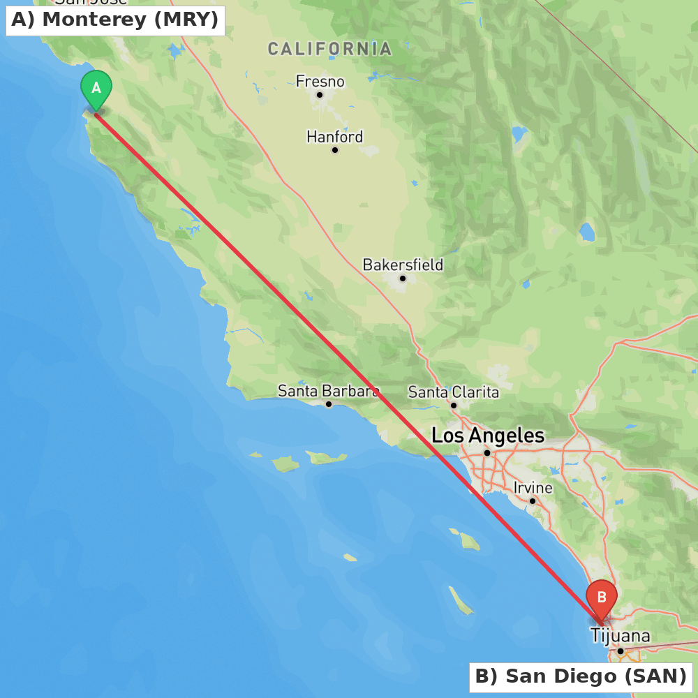 Flight route map from Monterey to San Diego