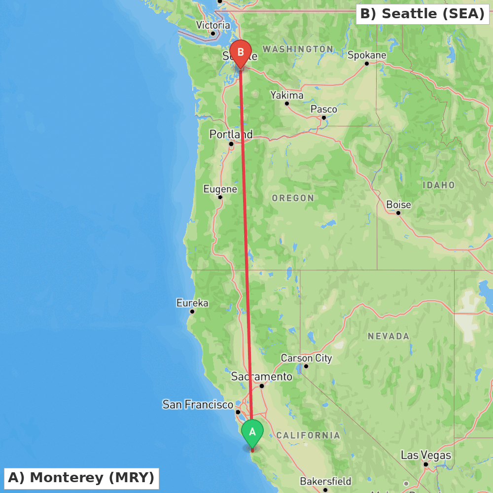 Flight route map from Monterey to Seattle