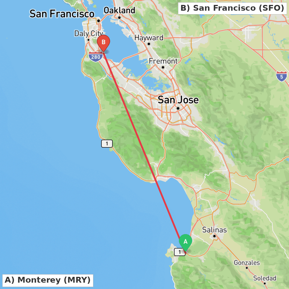 Flight route map from Monterey to San Francisco