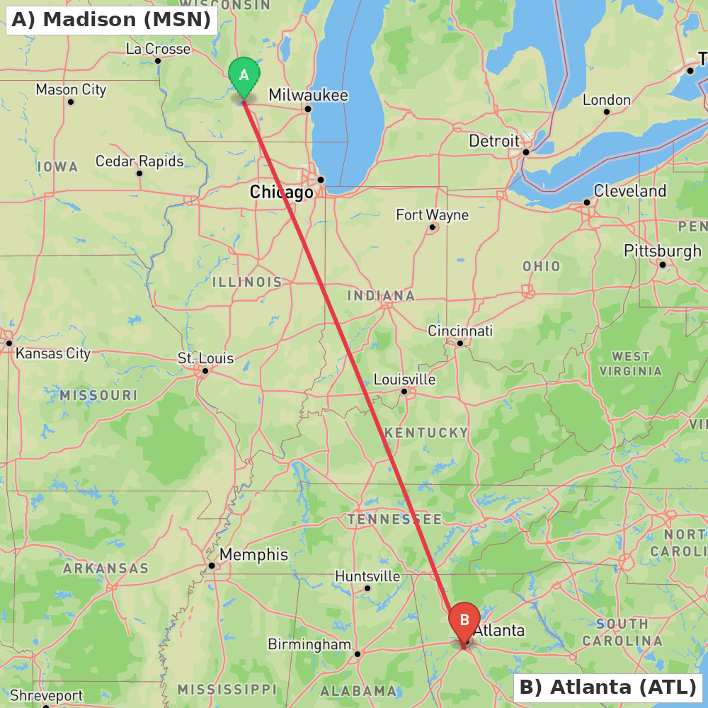 Flight route map from Madison to Atlanta