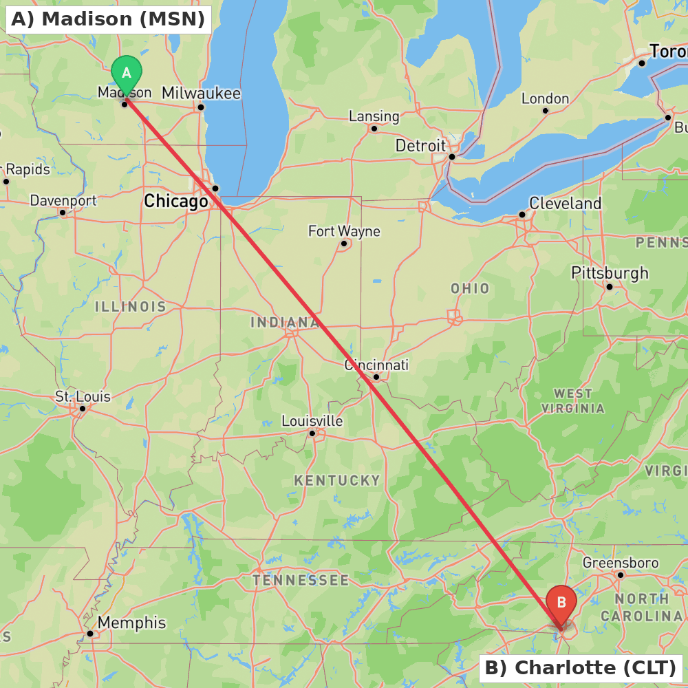 Flight route map from Madison to Charlotte