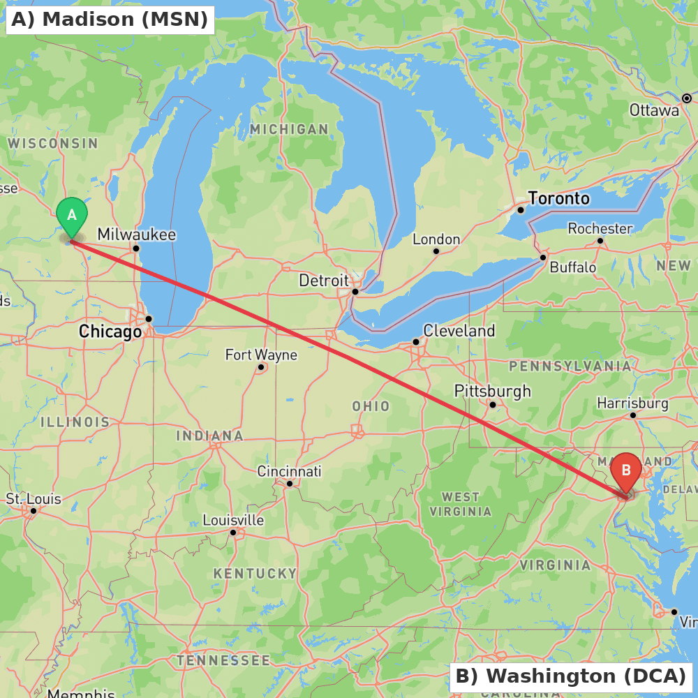Flight route map from Madison to Washington
