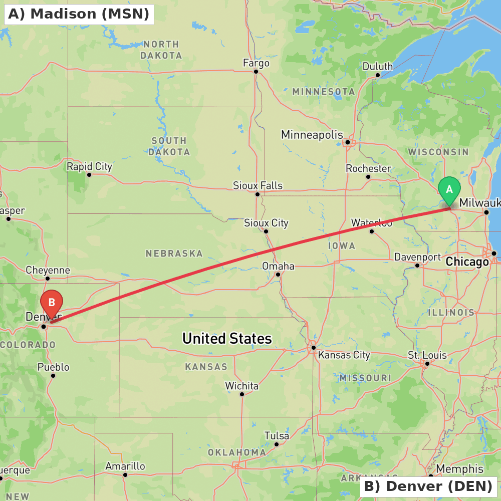 Flight route map from Madison to Denver