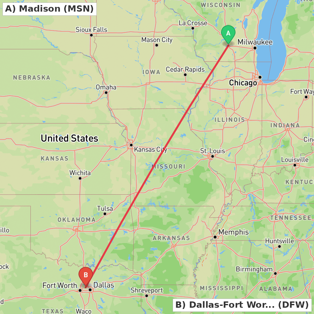 Flight route map from Madison to Dallas-Fort Worth