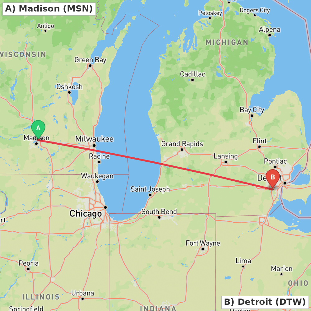 Flight route map from Madison to Detroit