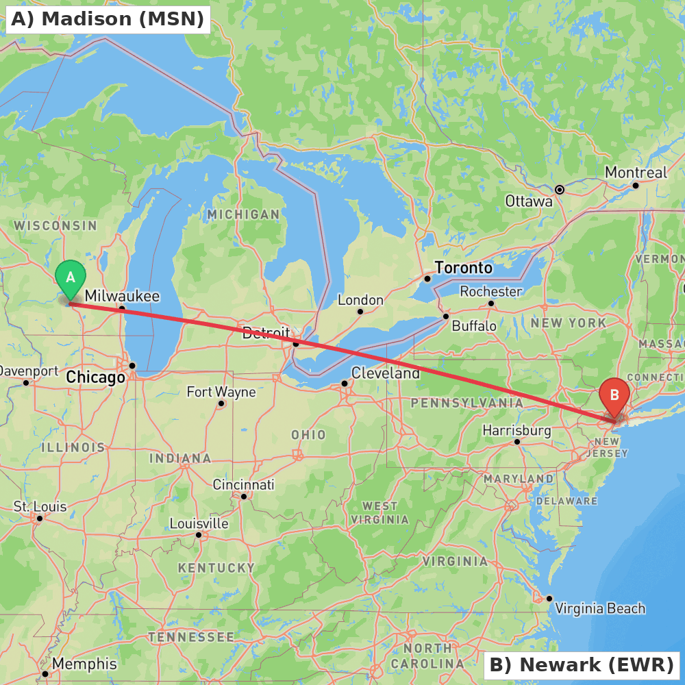 Flight route map from Madison to Newark