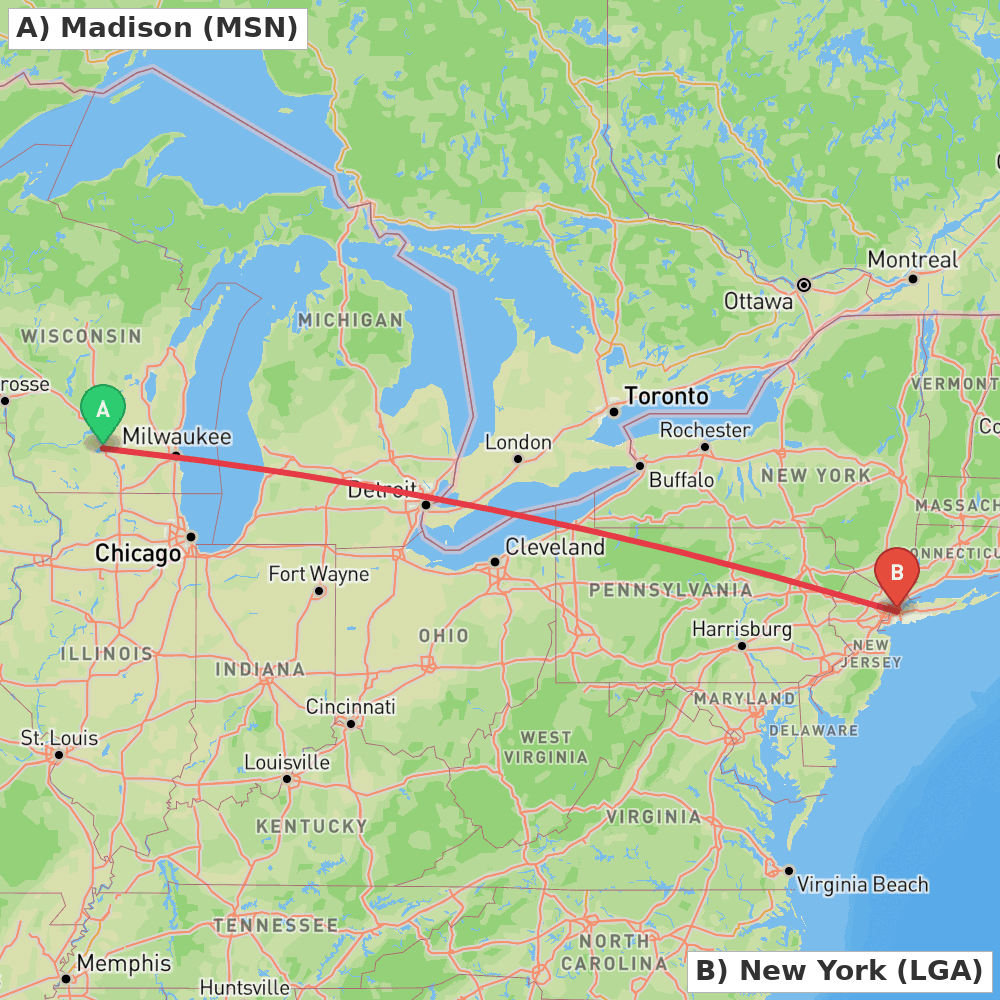 Flight route map from Madison to New York