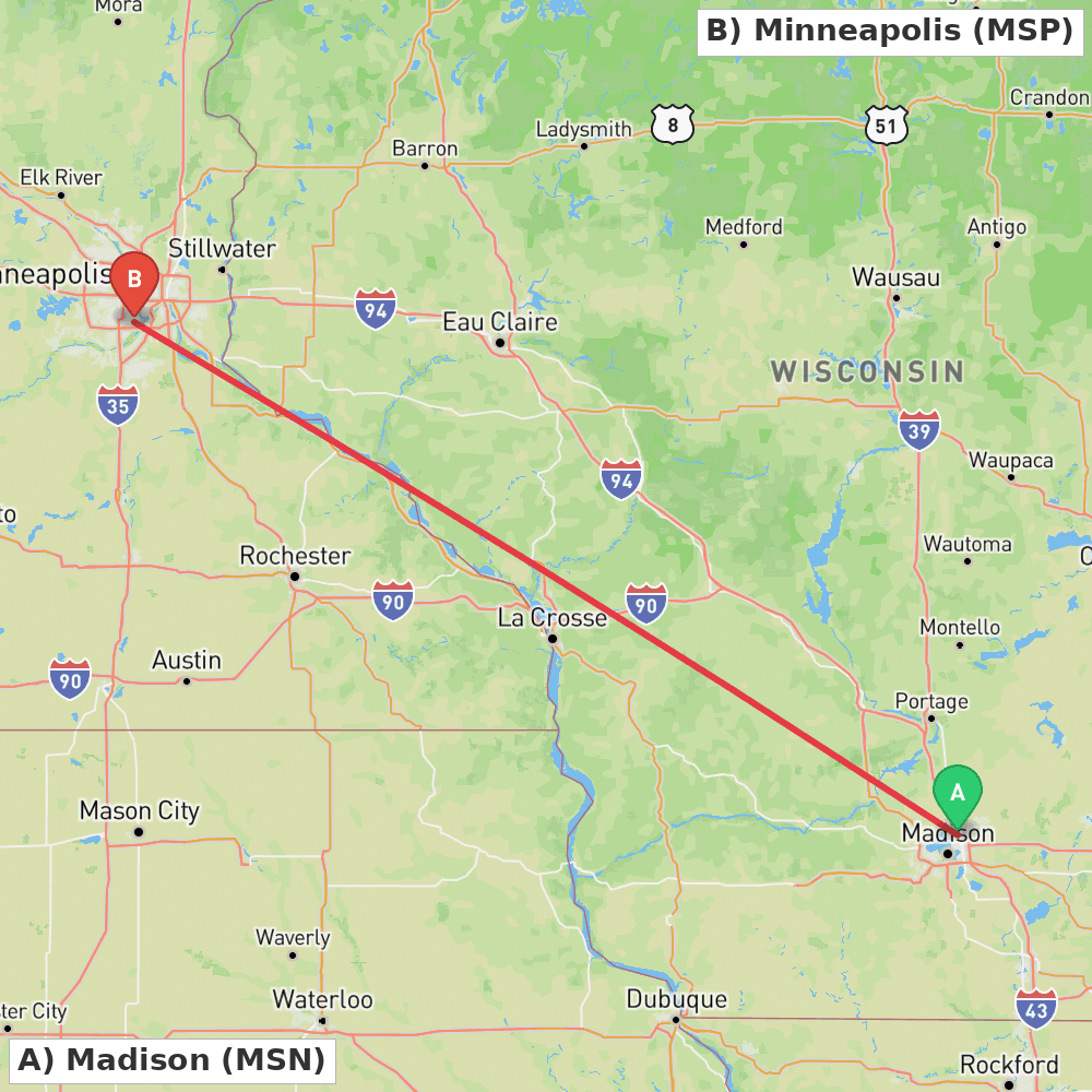 Flight route map from Madison to Minneapolis