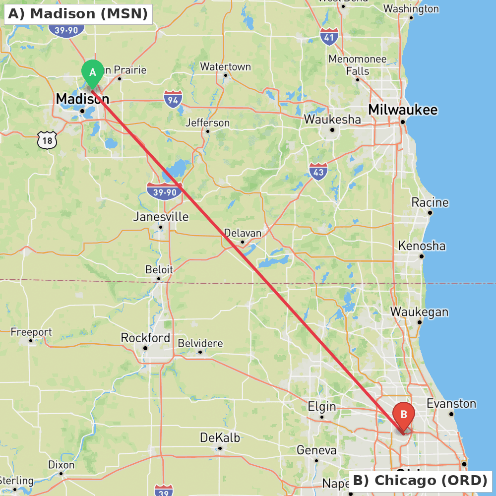 Flight route map from Madison to Chicago
