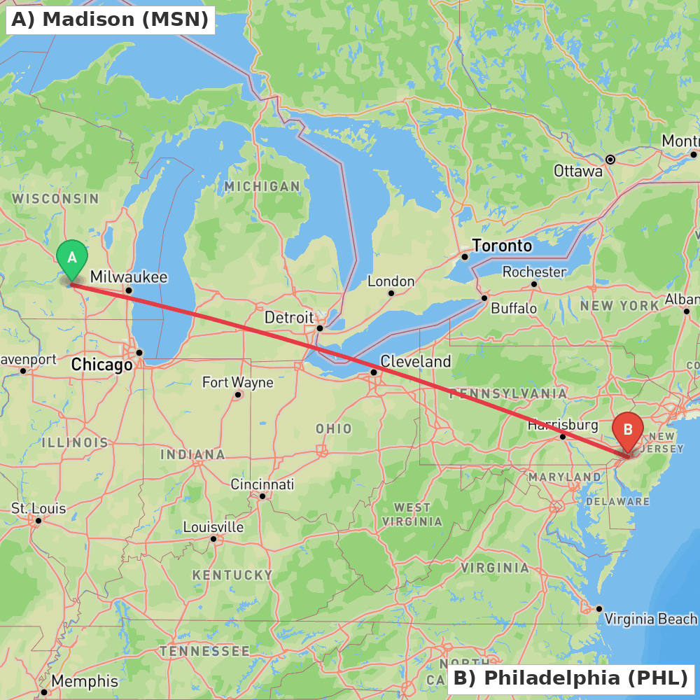 Flight route map from Madison to Philadelphia