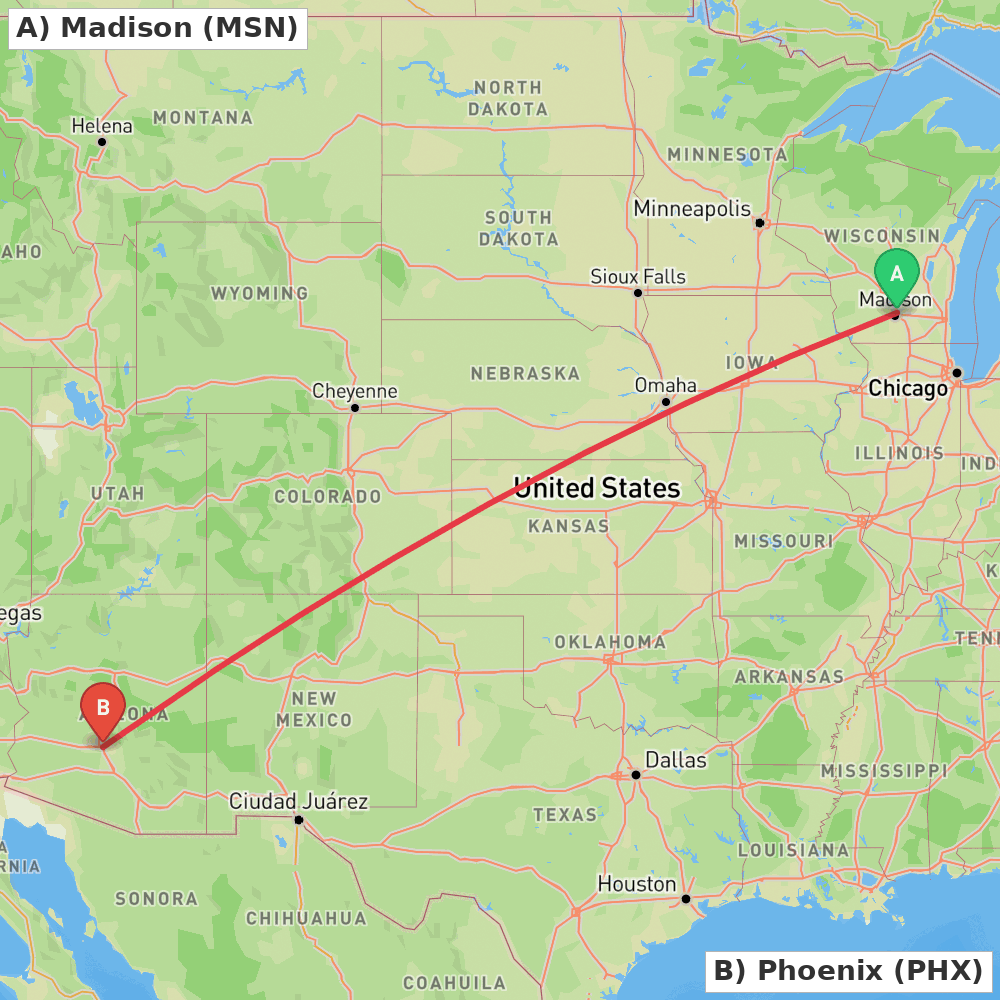 Flight route map from Madison to Phoenix