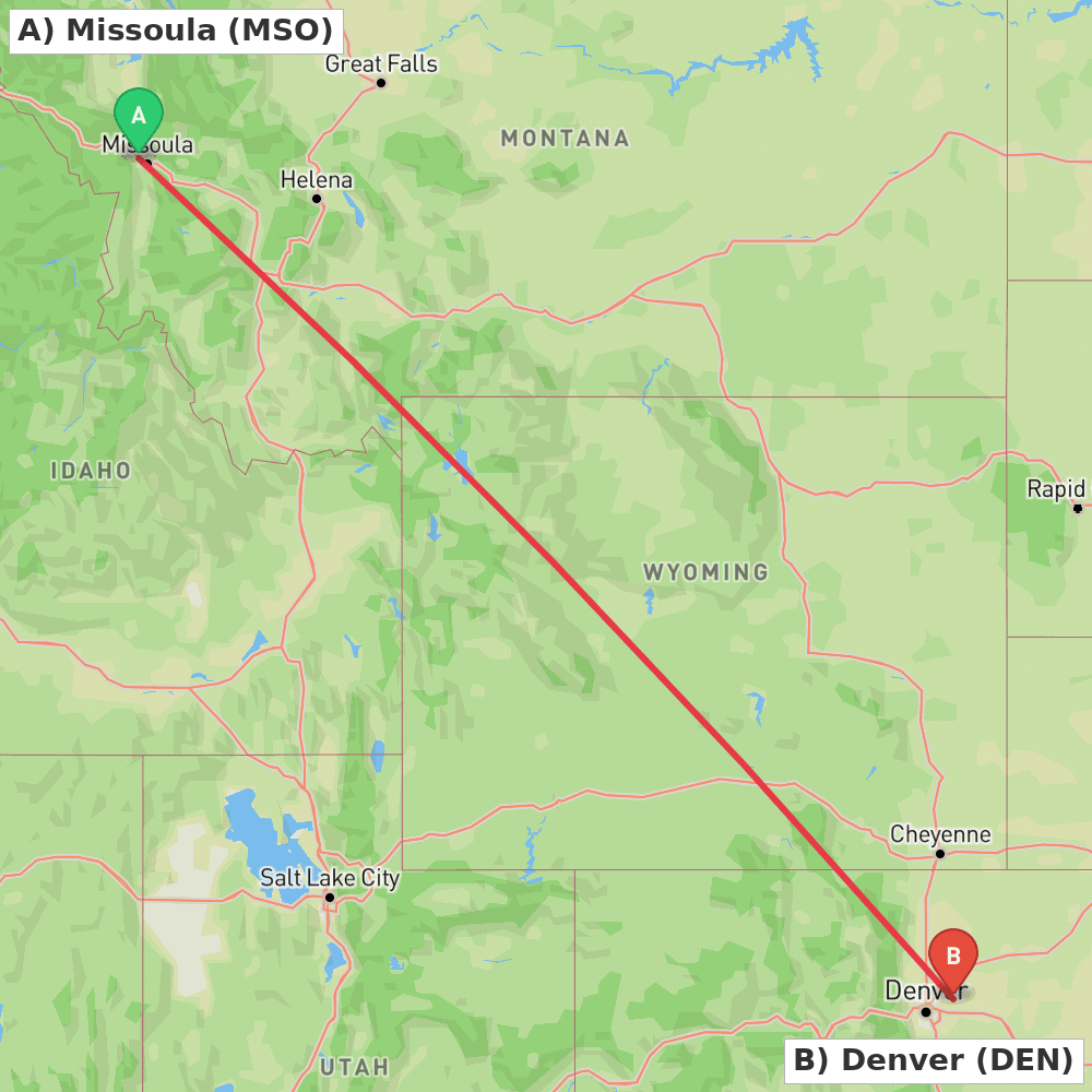 Flight route map from Missoula to Denver