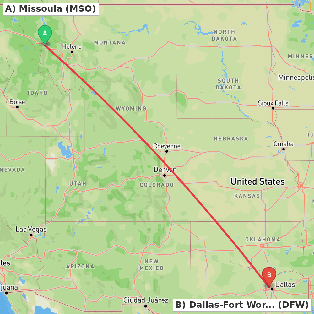 Flight route map from Missoula to Dallas-Fort Worth