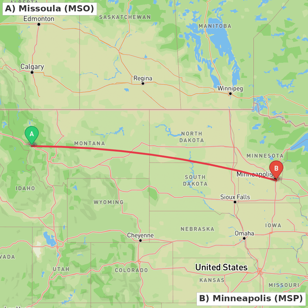 Flight route map from Missoula to Minneapolis