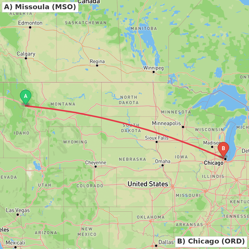 Flight route map from Missoula to Chicago