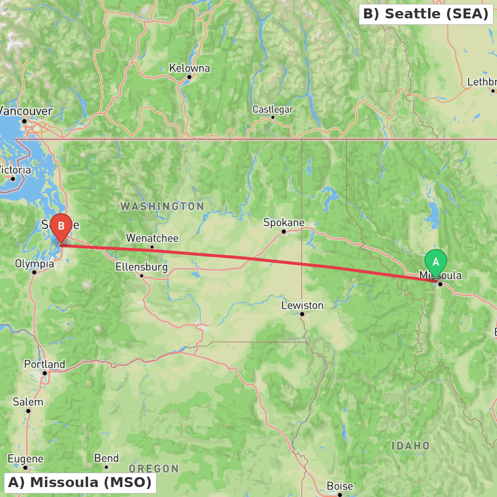 Flight route map from Missoula to Seattle