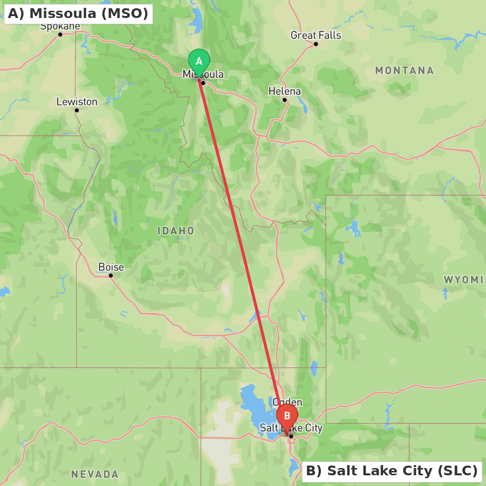 Flight route map from Missoula to Salt Lake City