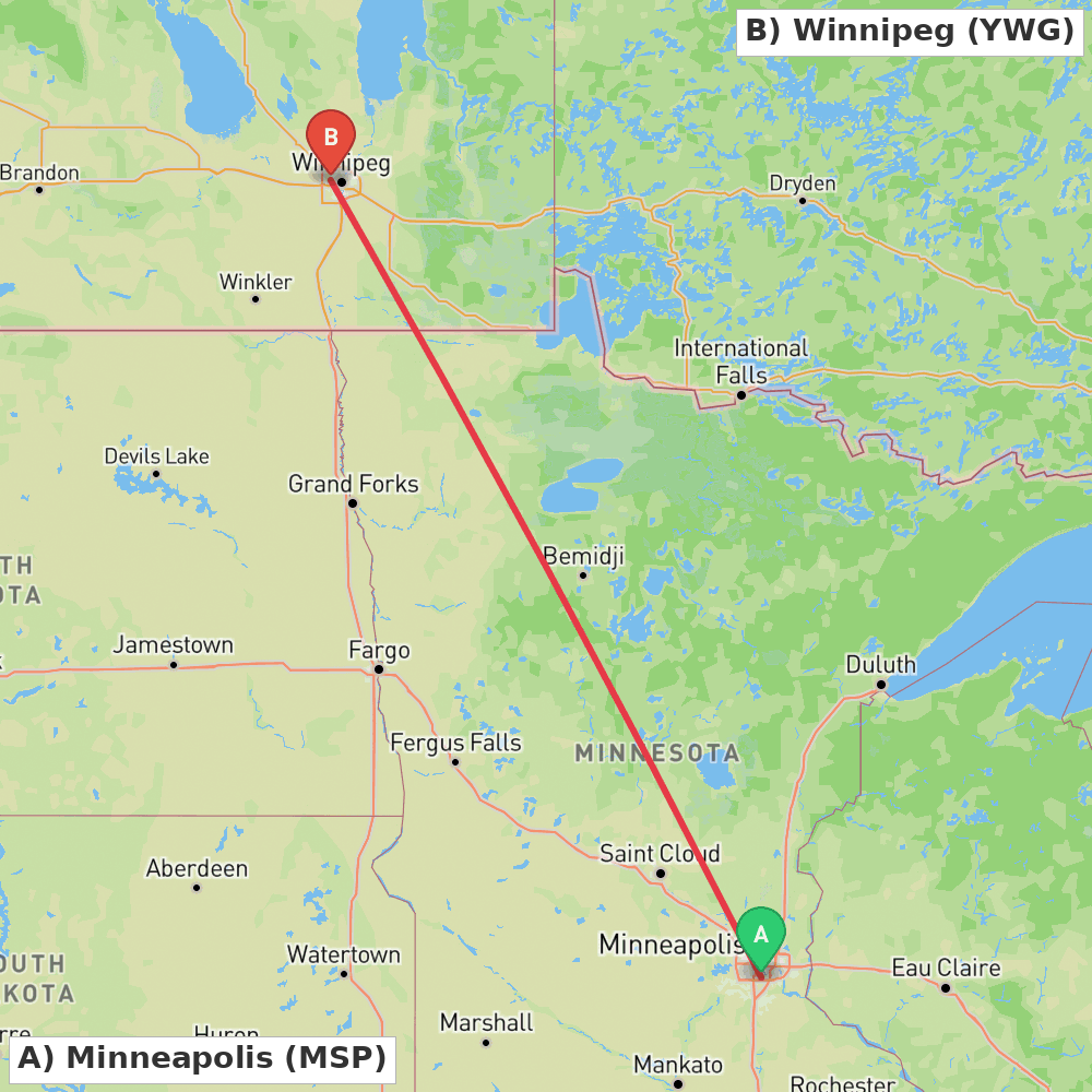 Flight route map from Minneapolis to Winnipeg