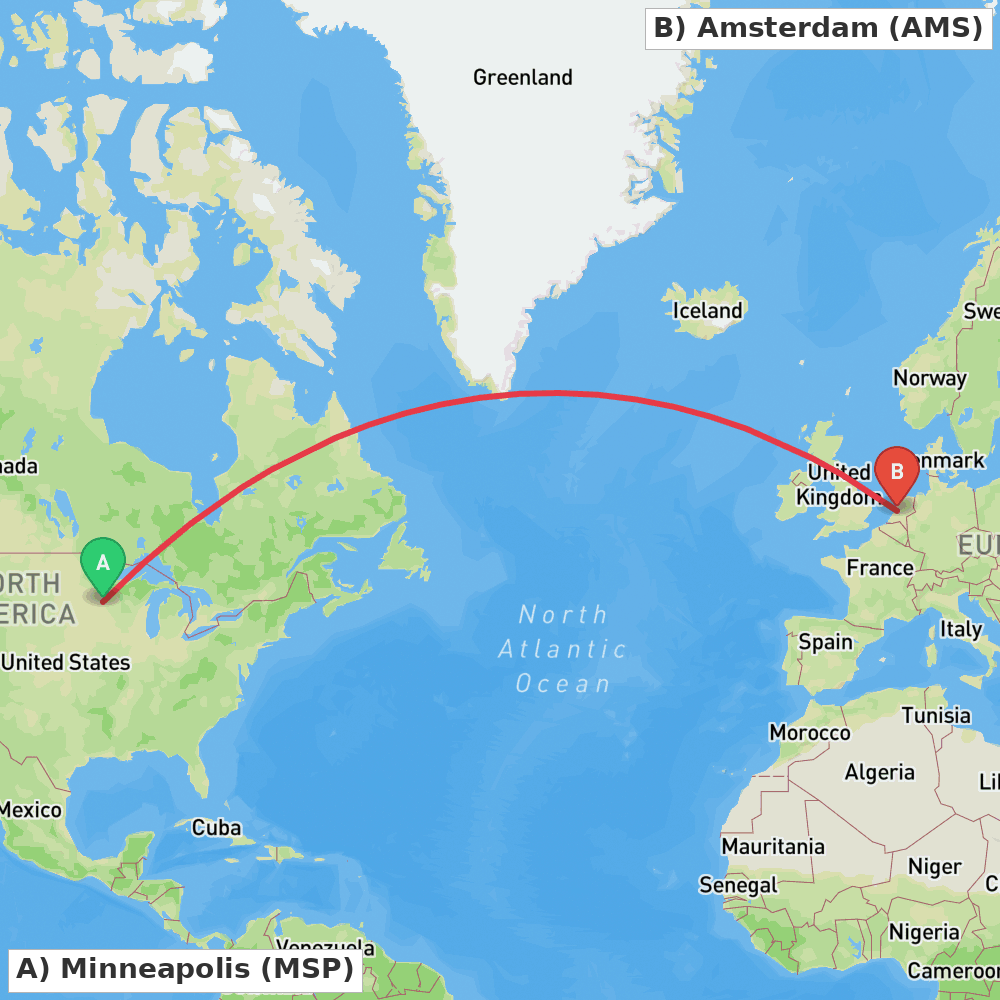Flight route map from Minneapolis to Amsterdam