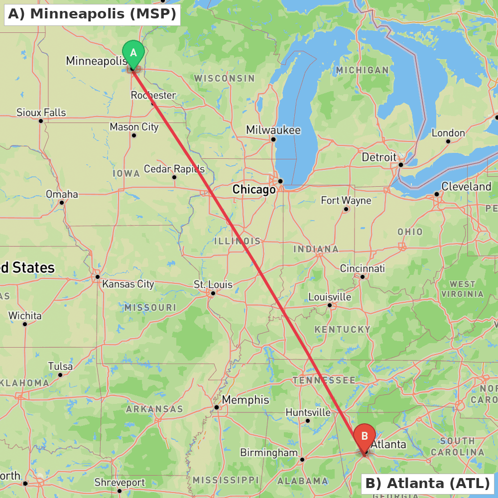 Flight route map from Minneapolis to Atlanta