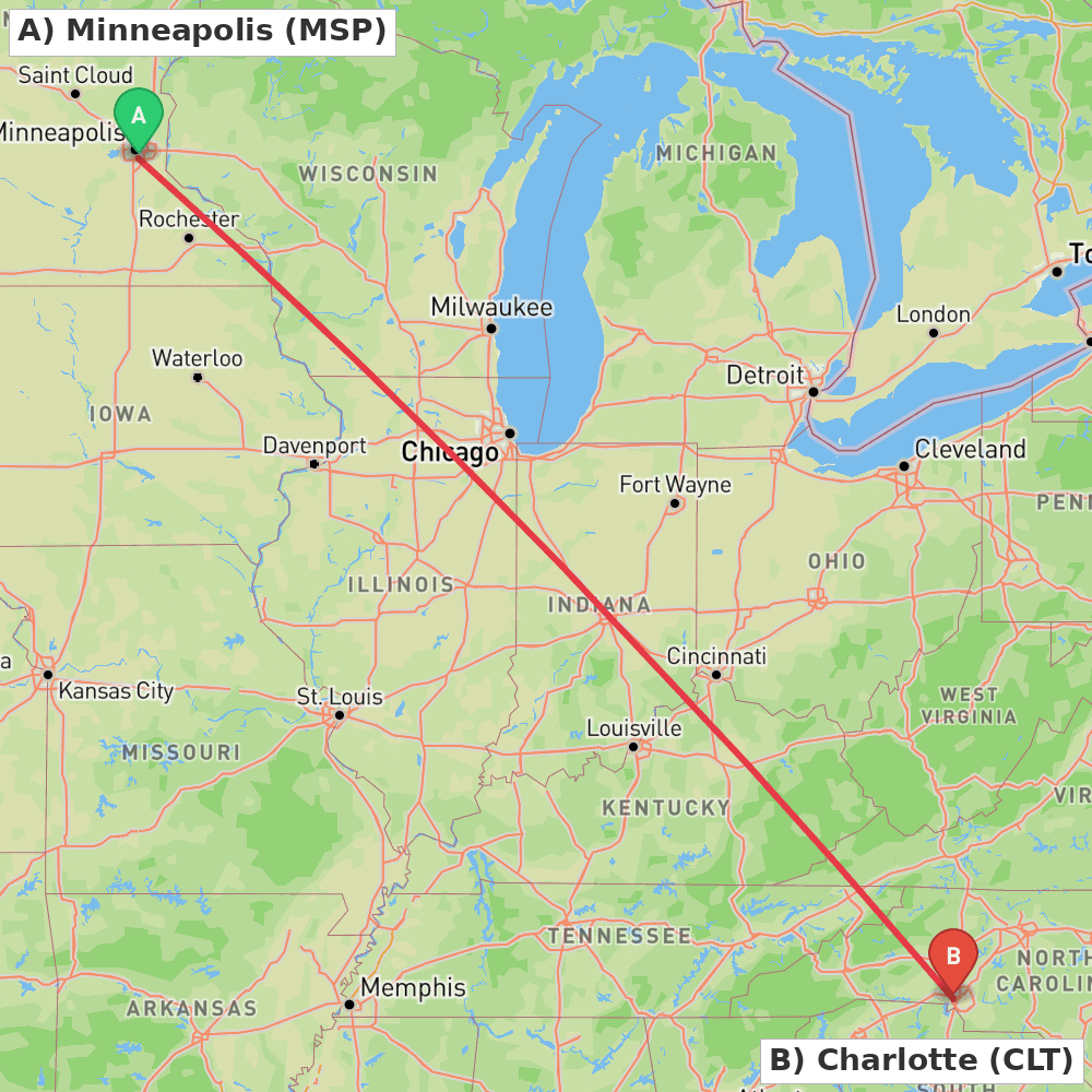 Flight route map from Minneapolis to Charlotte