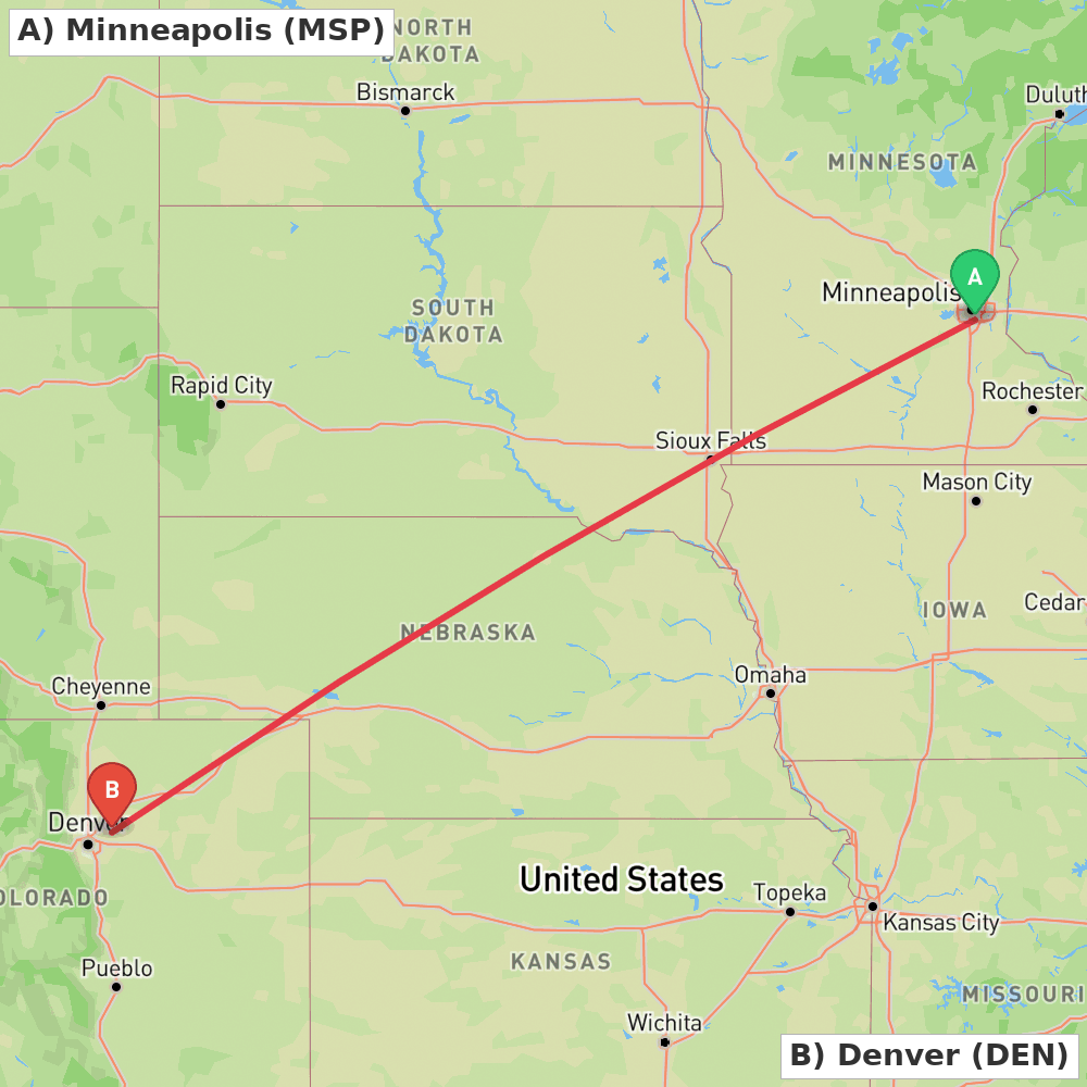 Flight route map from Minneapolis to Denver
