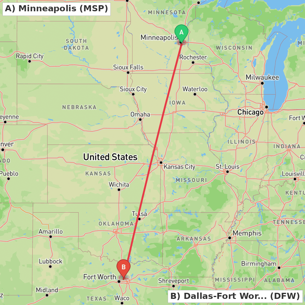 Flight route map from Minneapolis to Dallas-Fort Worth
