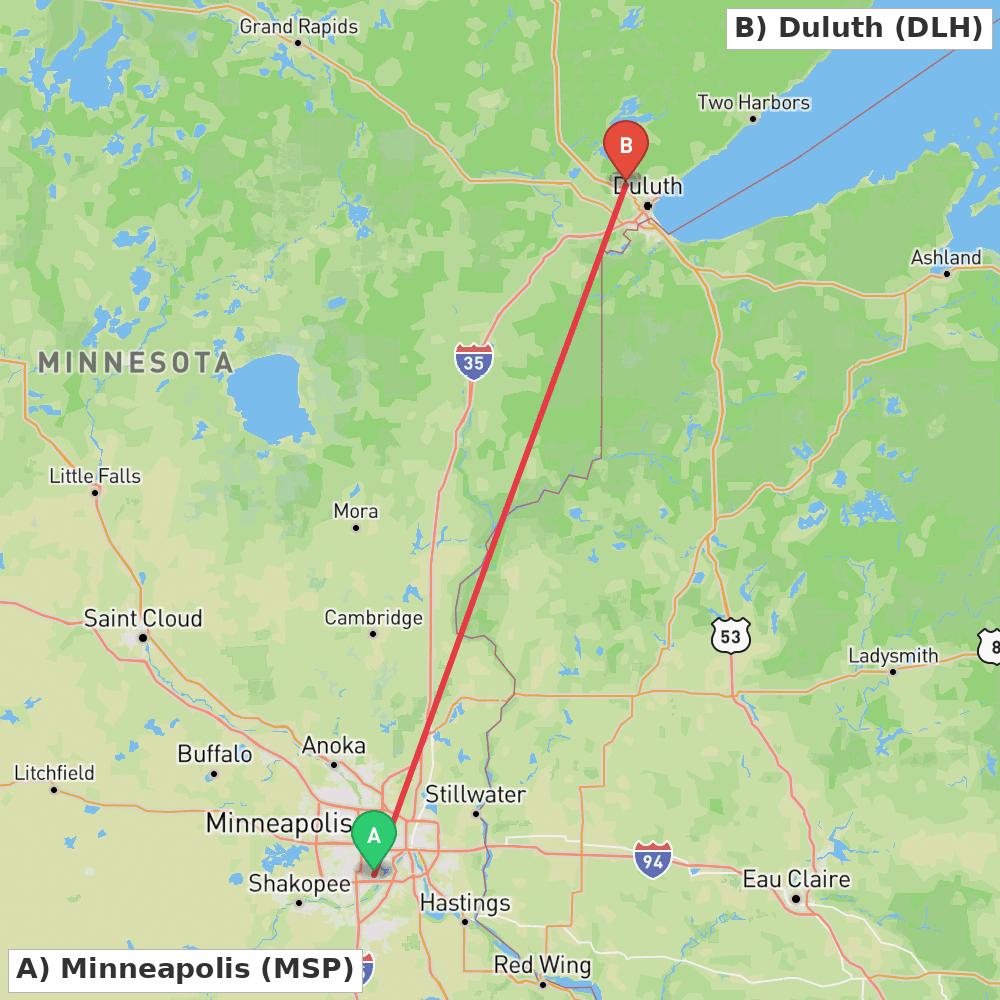 Flight route map from Minneapolis to Duluth