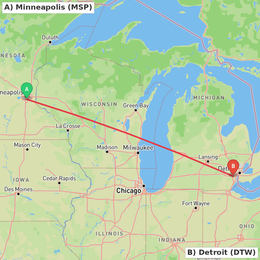 Flight route map from Minneapolis to Detroit