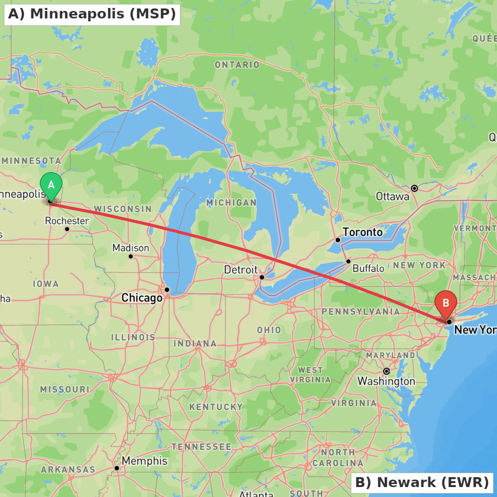 Flight route map from Minneapolis to Newark