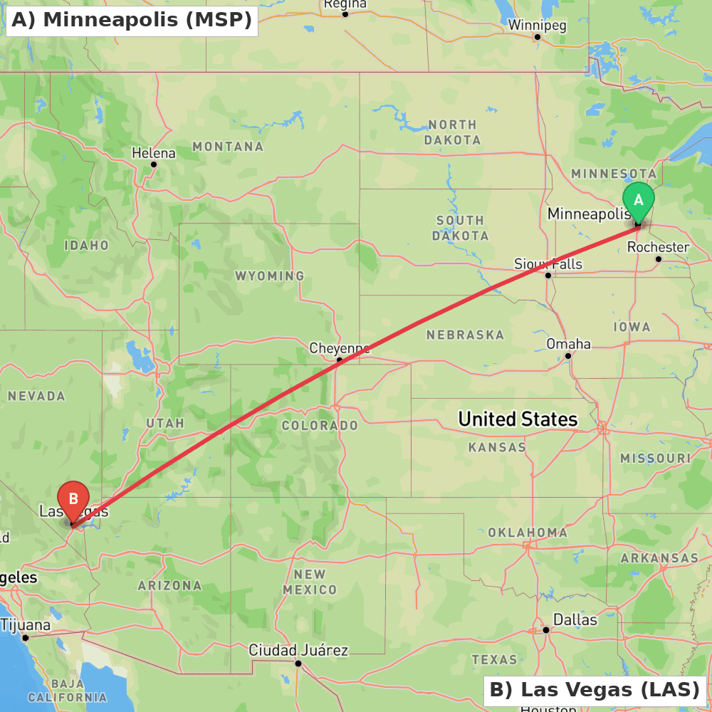 Flight route map from Minneapolis to Las Vegas