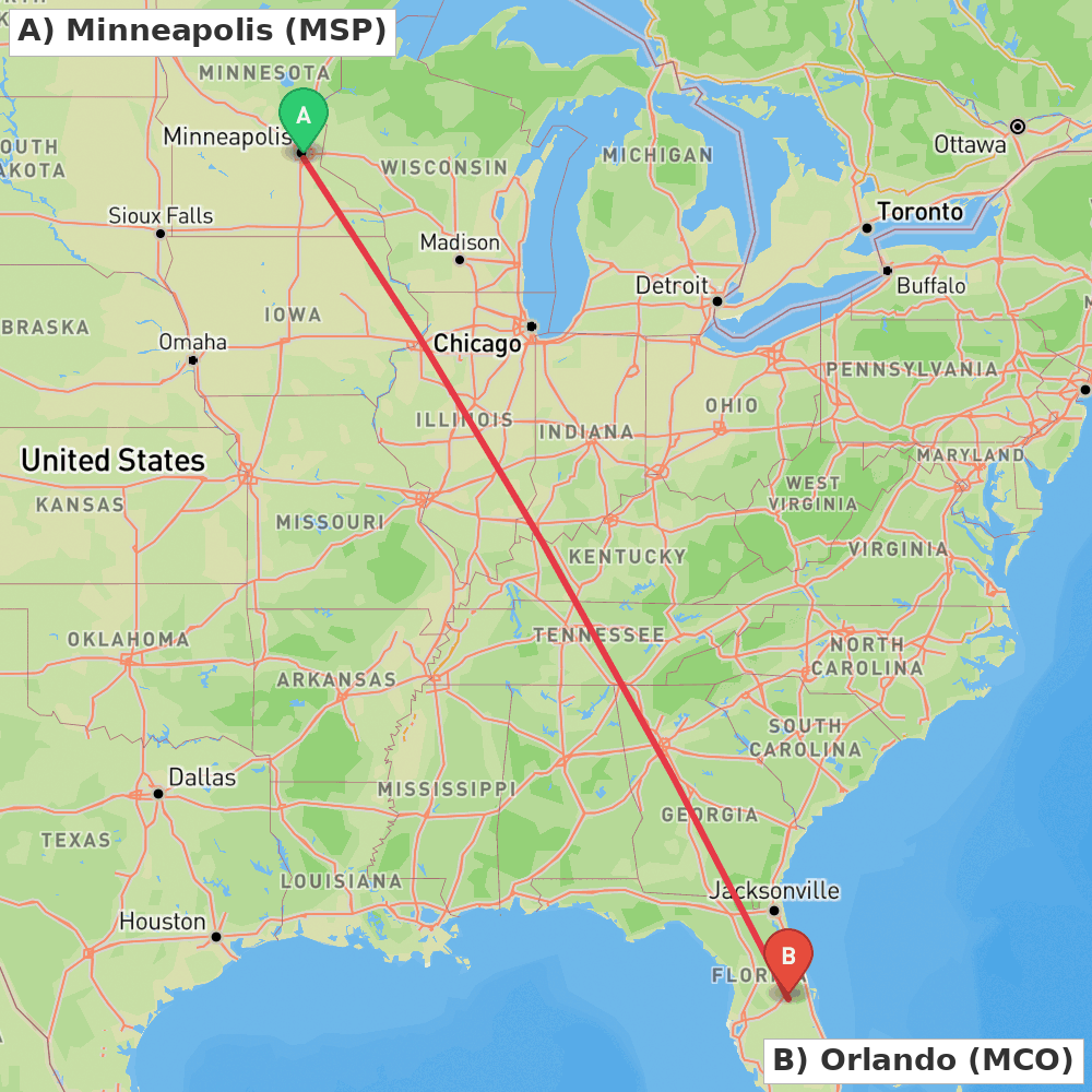 Flight route map from Minneapolis to Orlando