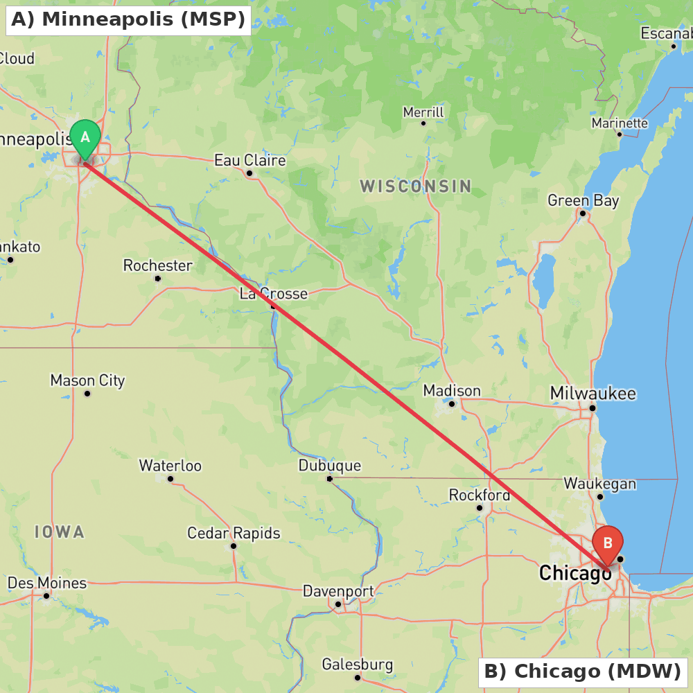 Flight route map from Minneapolis to Chicago