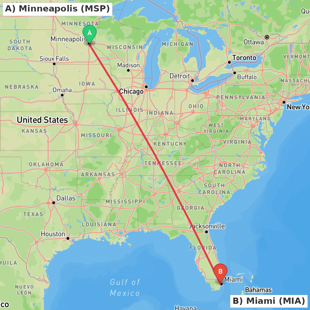 Flight route map from Minneapolis to Miami