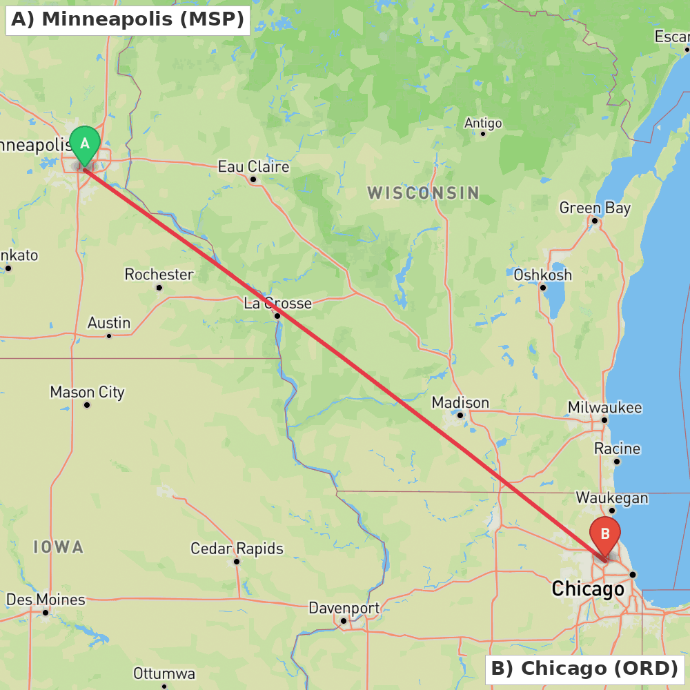 Flight route map from Minneapolis to Chicago