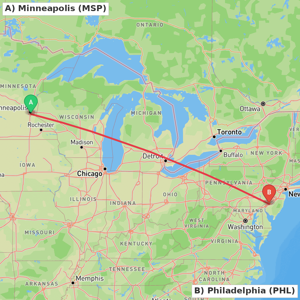 Flight route map from Minneapolis to Philadelphia