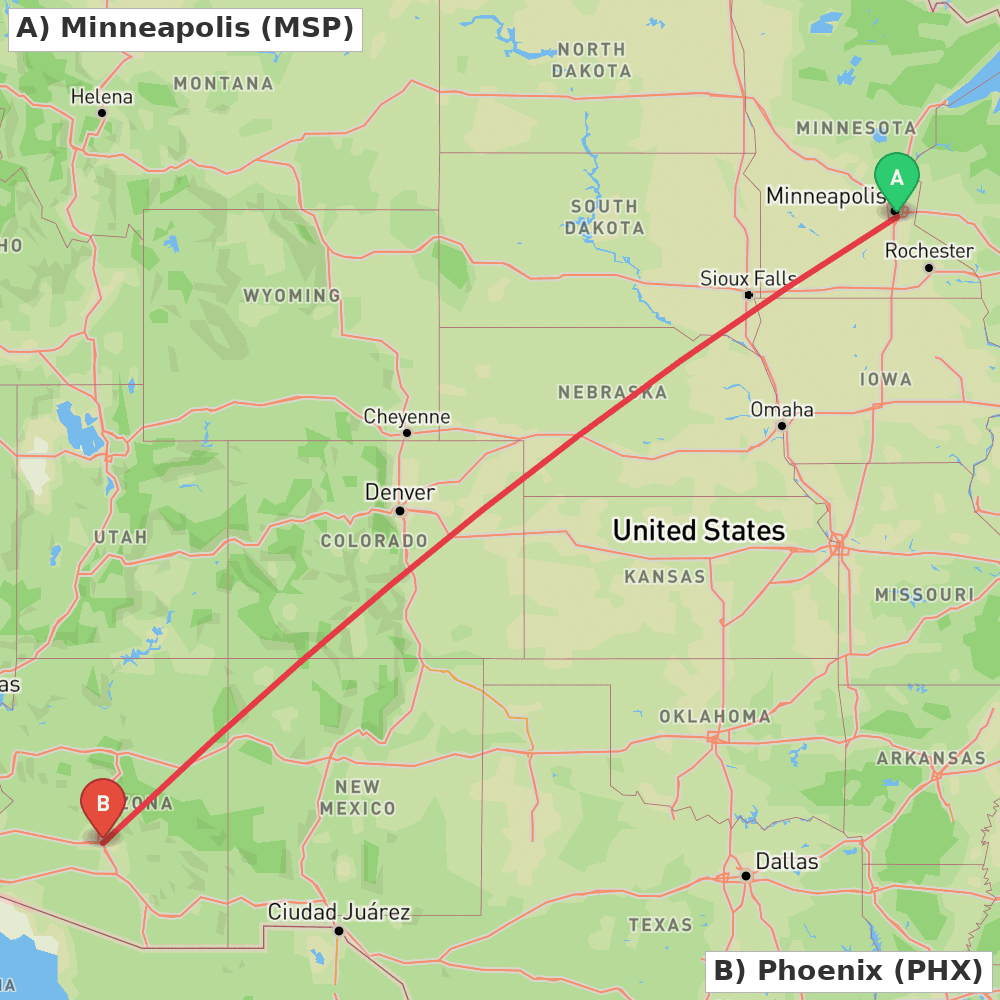 Flight route map from Minneapolis to Phoenix