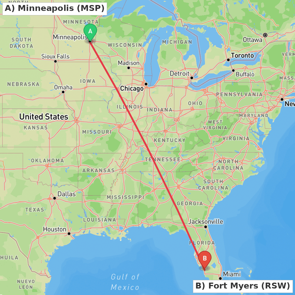 Flight route map from Minneapolis to Fort Myers