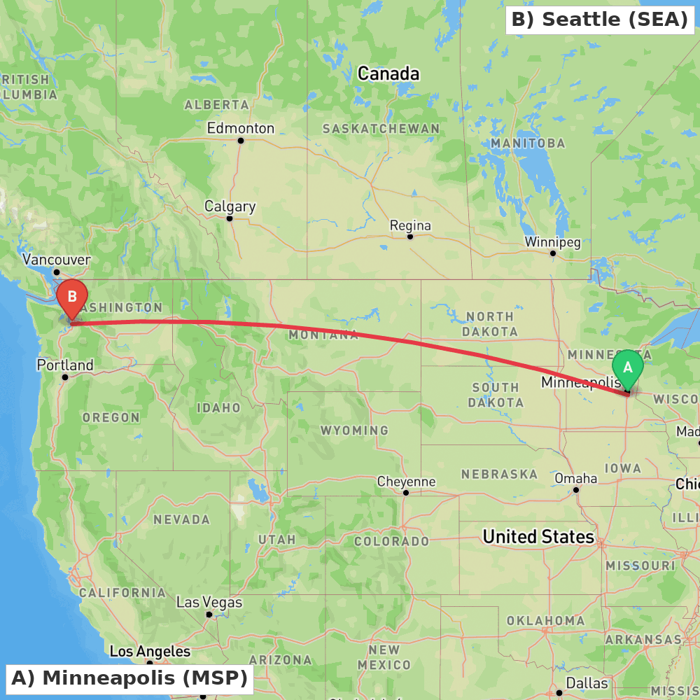 Flight route map from Minneapolis to Seattle