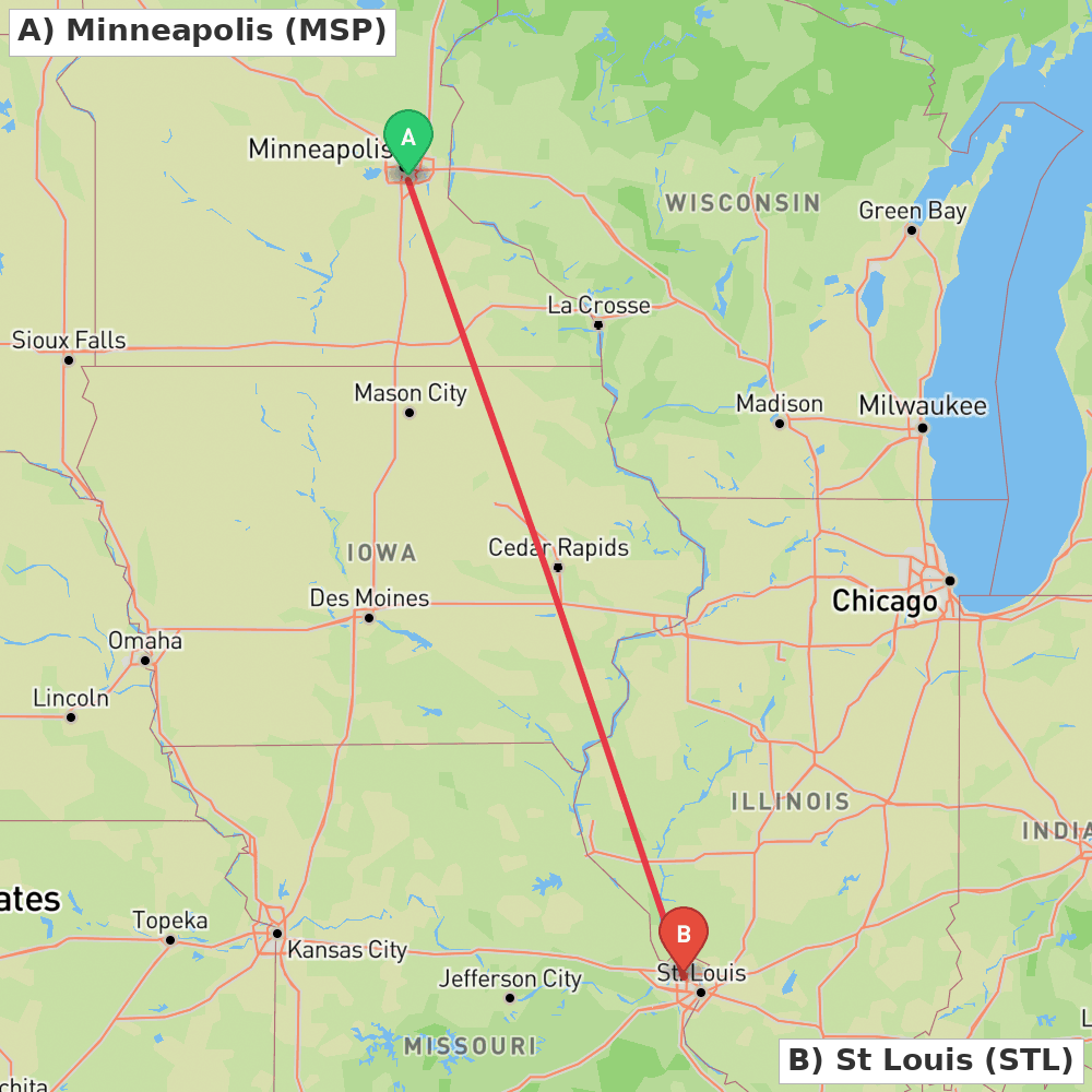 Flight route map from Minneapolis to St Louis