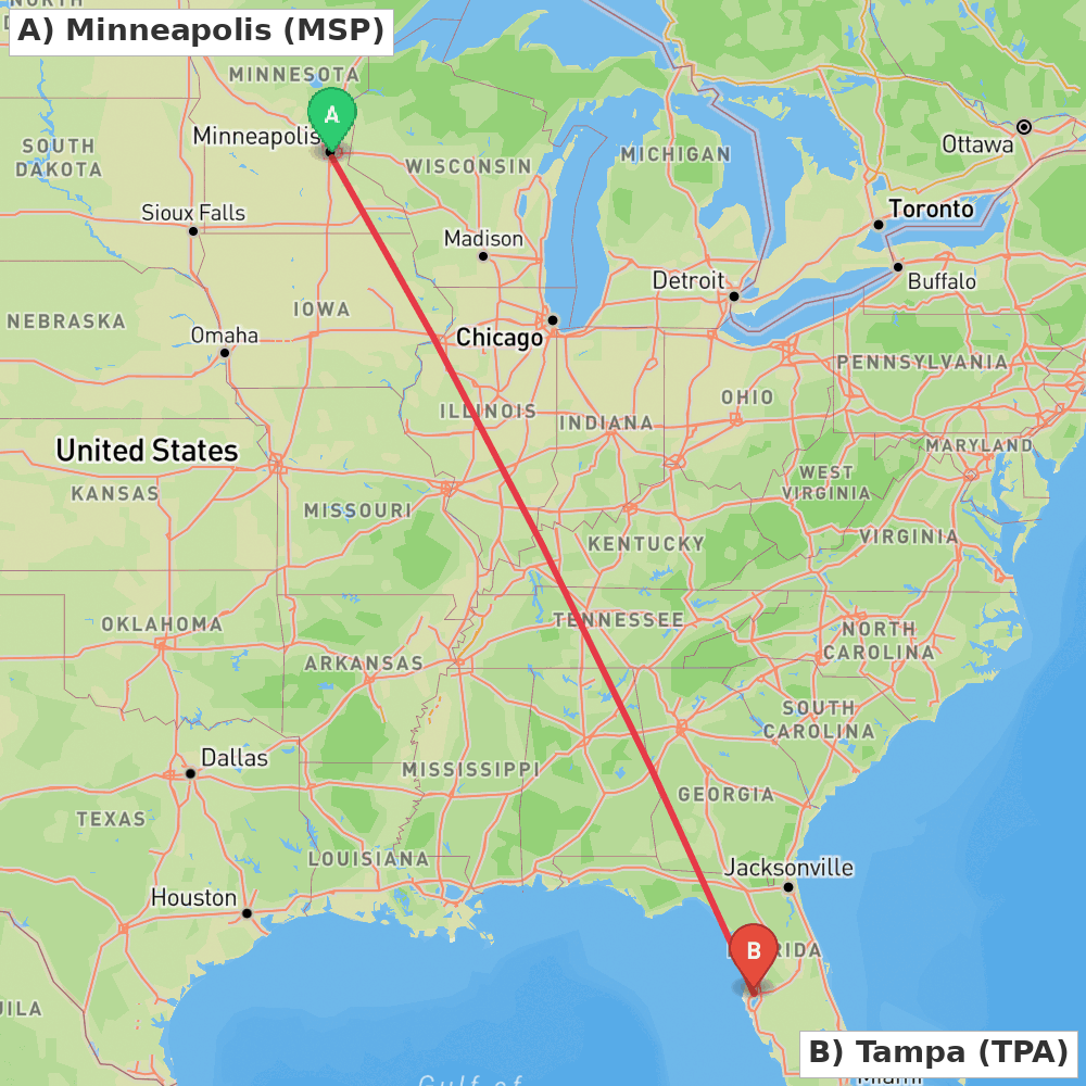 Flight route map from Minneapolis to Tampa