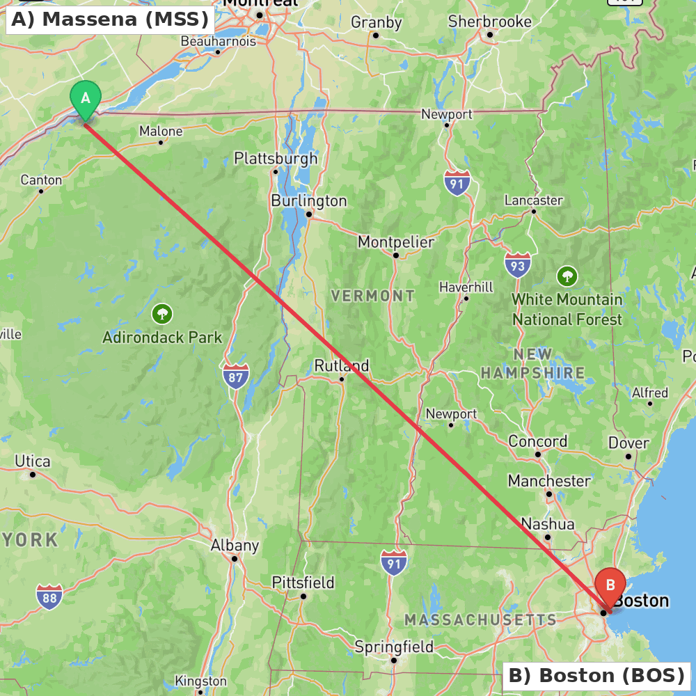 Flight route map from Massena to Boston