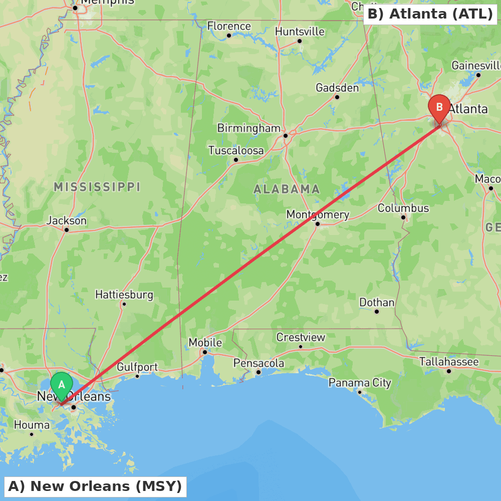 Flight route map from New Orleans to Atlanta