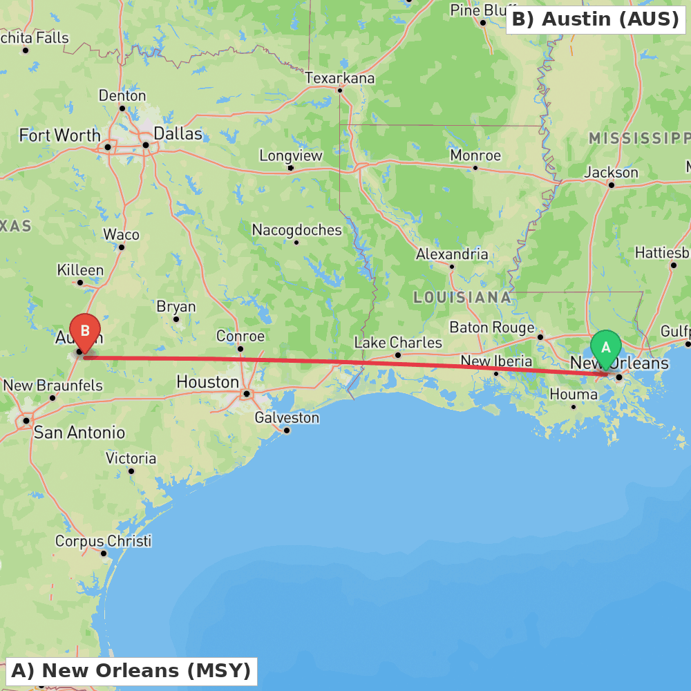 Flight route map from New Orleans to Austin