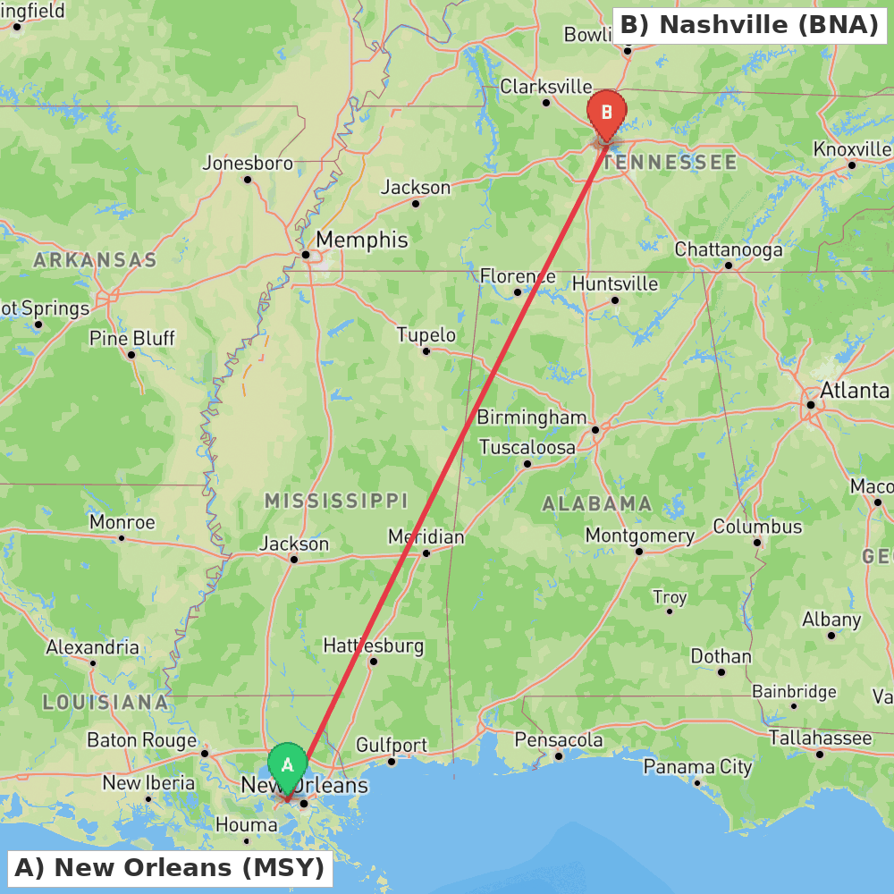 Flight route map from New Orleans to Nashville