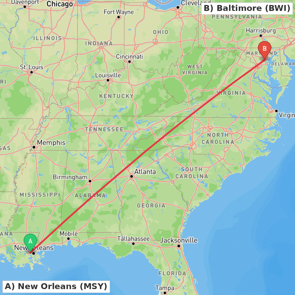 Flight route map from New Orleans to Baltimore