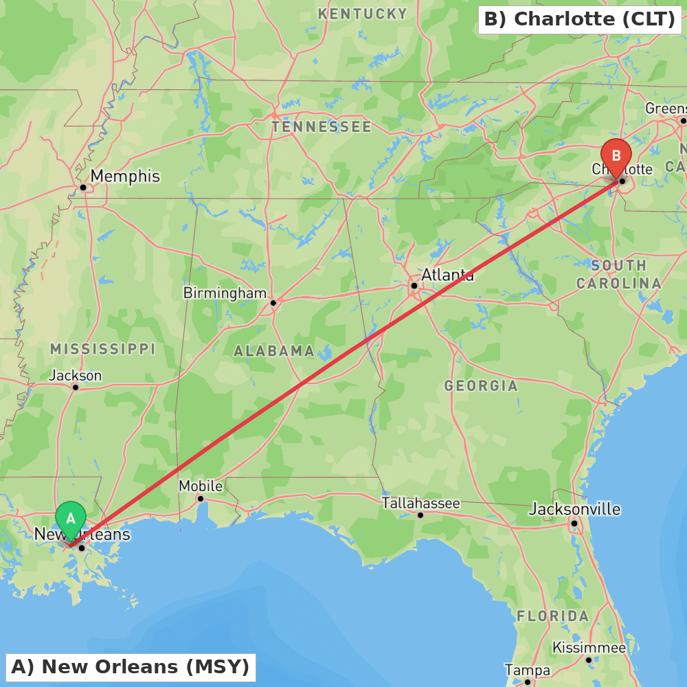 Flight route map from New Orleans to Charlotte